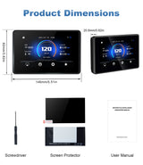 Linkifun MT3 Pro BMW motorcycle display product dimensions and package contents overview, showing size specifications and included accessories.
