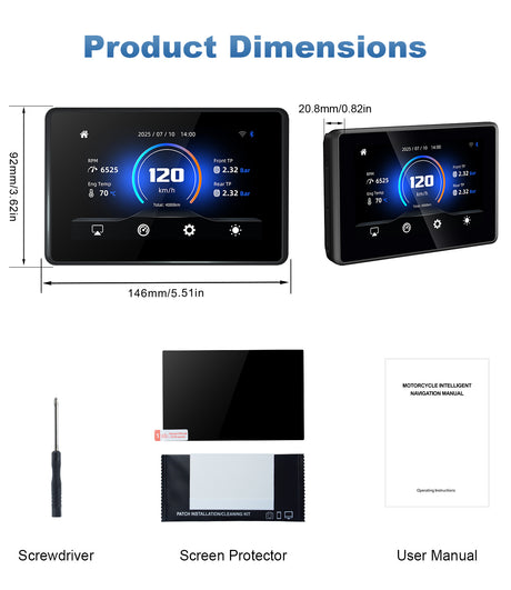 Linkifun MT3 Pro BMW motorcycle display product dimensions and package contents overview, showing size specifications and included accessories.