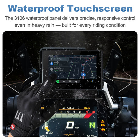 Linkifun MT3 Pro BMW motorcycle display with waterproof touchscreen, maintaining responsive control in rain and all-weather conditions.