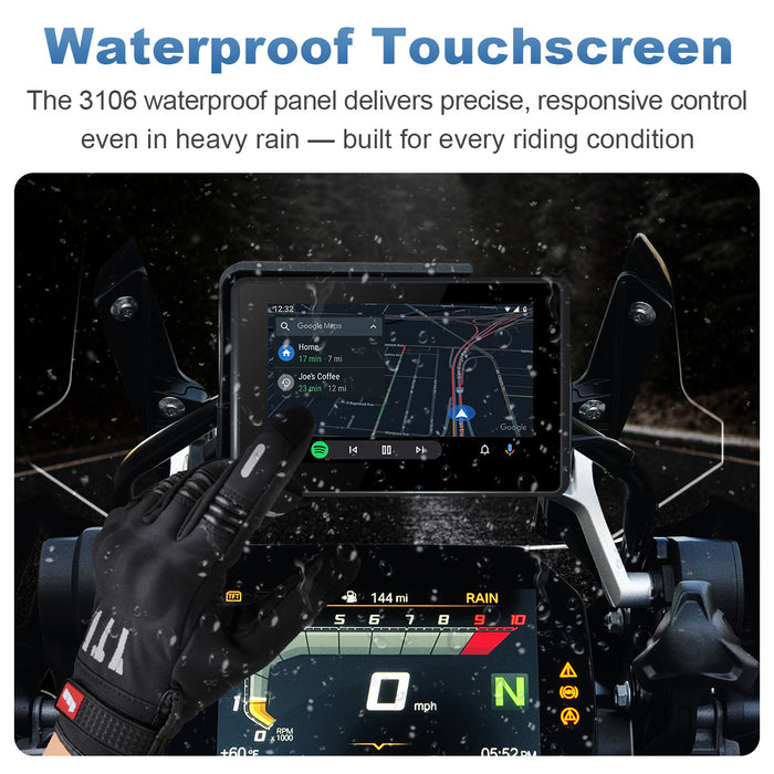Linkifun MT3 Pro BMW motorcycle display with waterproof touchscreen, maintaining responsive control in rain and all-weather conditions.