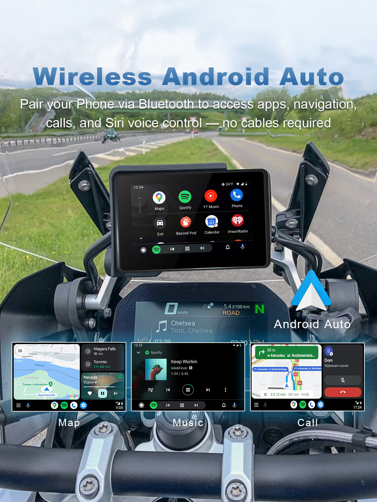 Linkifun MT3 Pro BMW motorcycle display supporting wireless Android Auto with Wonder Wheel, touchscreen, and Google Assistant voice control.