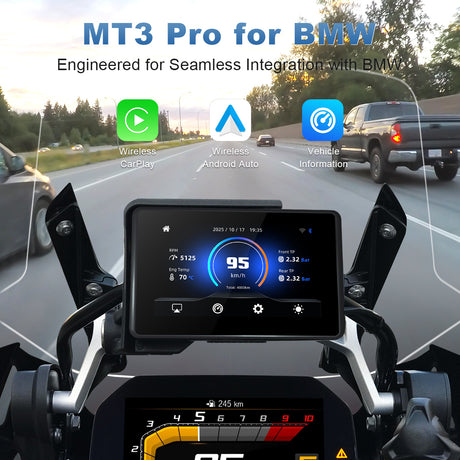 Linkifun MT3 Pro BMW motorcycle display showing wireless CarPlay, Android Auto, and real-time vehicle information such as speed, gear, RPM, mileage, and tire pressure.