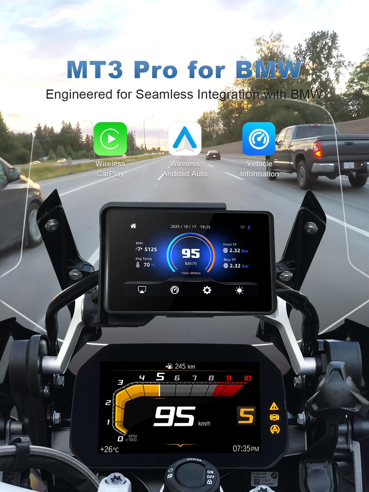 Linkifun MT3 Pro BMW motorcycle display showing wireless CarPlay, Android Auto, and real-time vehicle information such as speed, gear, RPM, mileage, and tire pressure.