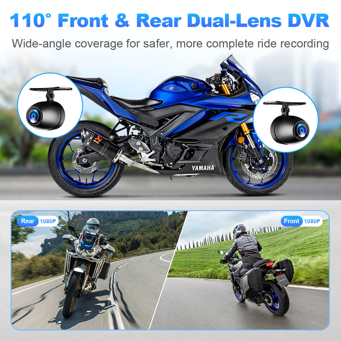 Motorcycle screen with built-in dual 1080P DVR system showing front and rear wide-angle road recording