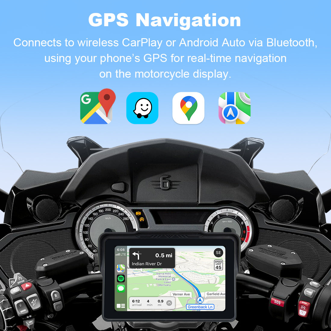 Motorcycle screen showing real-time GPS navigation from smartphone via wireless CarPlay or Android Auto