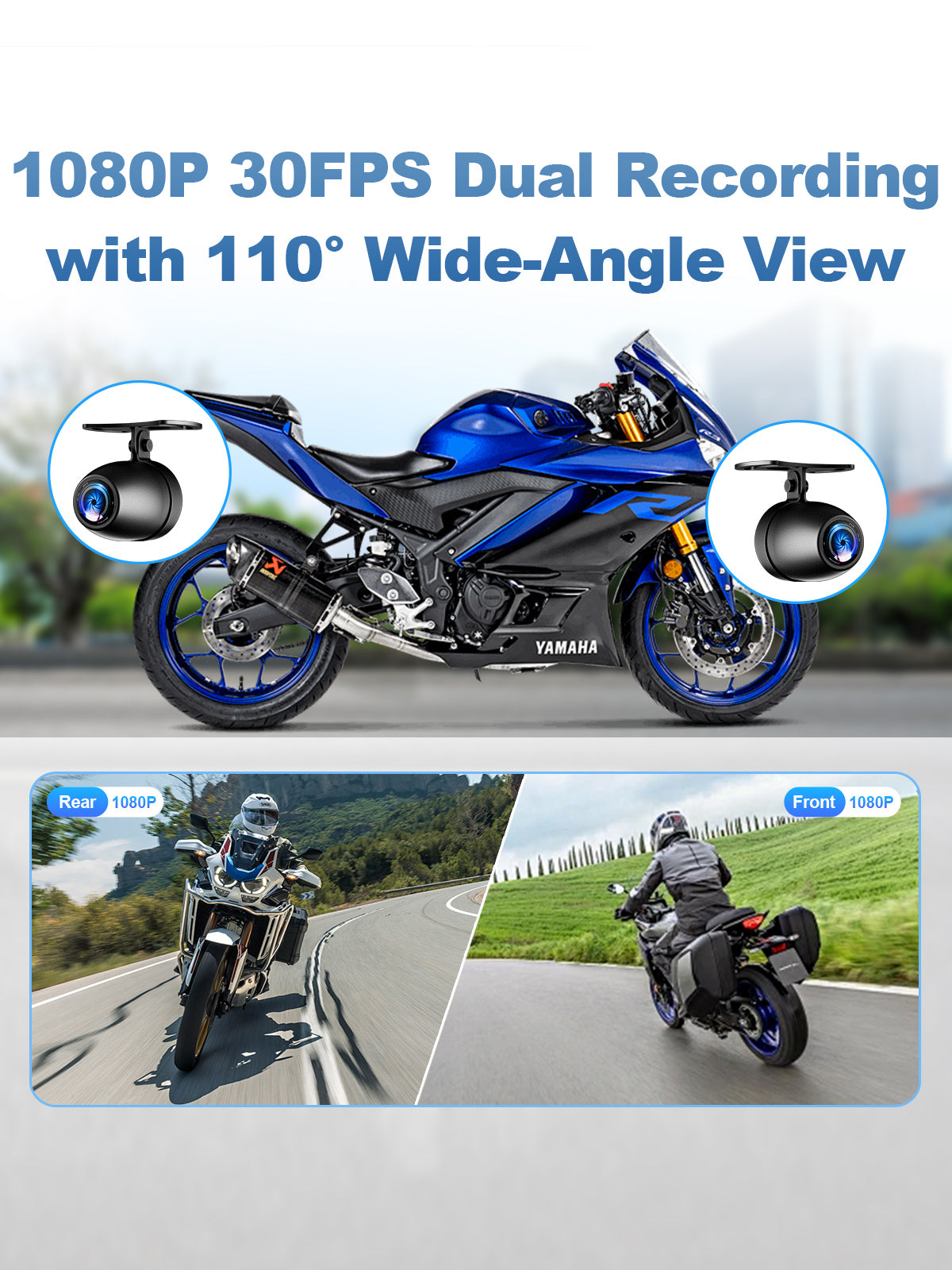Linkifun MT4 motorcycle navigation screen with dual 1080P DVR front and rear cameras, 110-degree wide-angle recording for scenic rides, safety, and reliable evidence