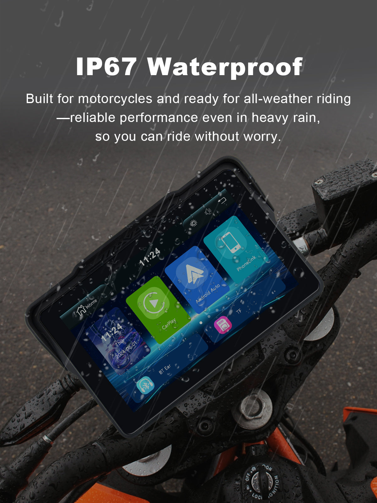 Linkifun MT4 motorcycle navigation screen with IP67 waterproof and dustproof rating for reliable all-weather motorcycle riding in rain, mud, and high humidity