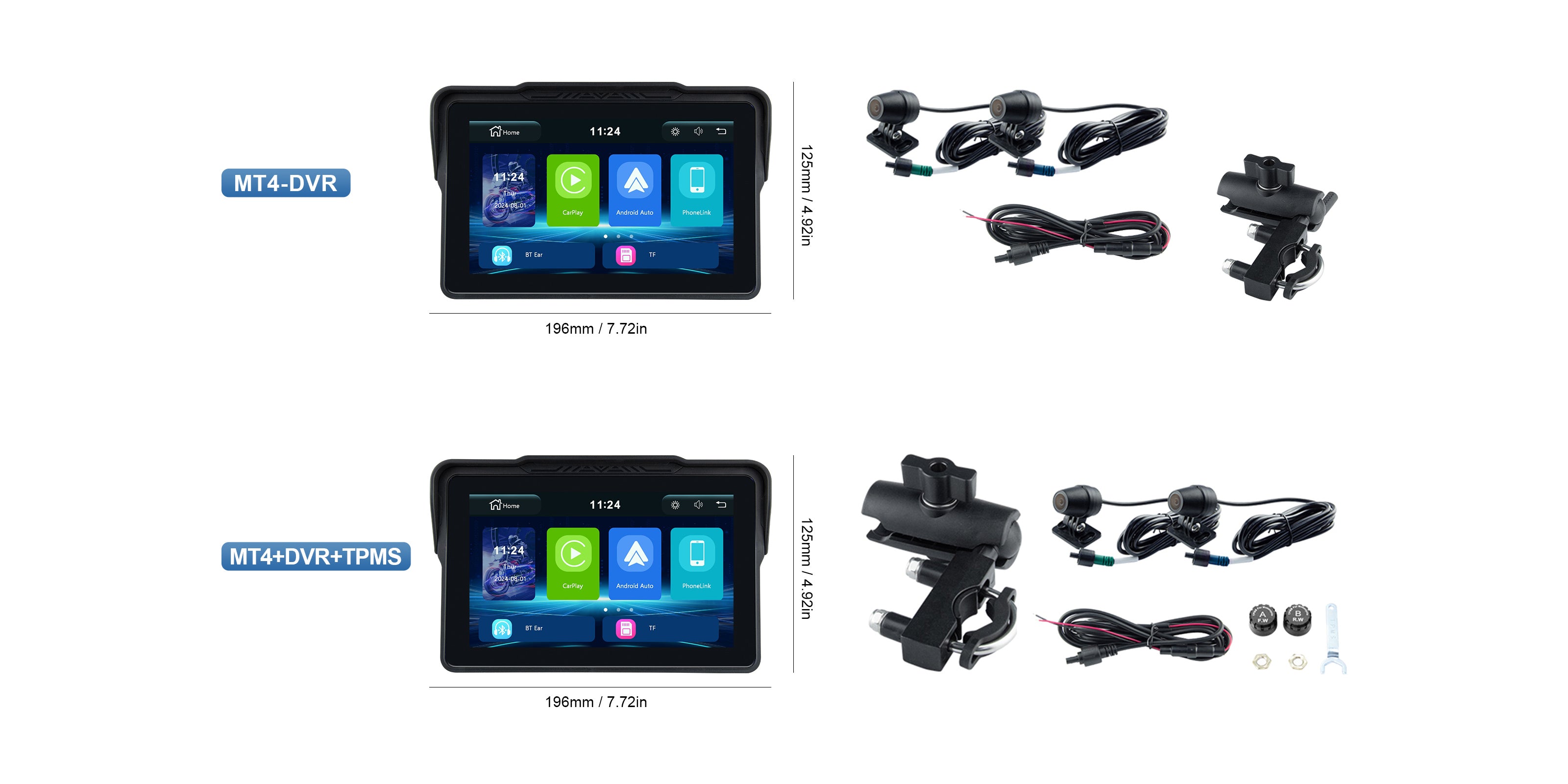 Linkifun MT4 motorcycle navigation screen size specifications with detailed dimensions for accurate motorcycle fitting
