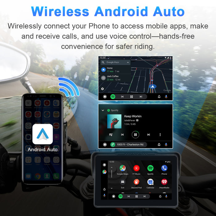 Motorcycle navigation screen with wireless Android Auto support for Android phones, featuring voice control and app access without cables