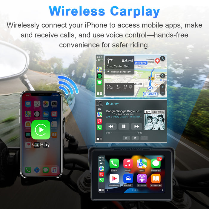 7-inch motorcycle screen with wireless Apple CarPlay for iPhone users enabling hands-free navigation, calls, and music playback