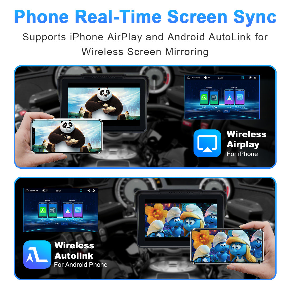 Motorcycle navigation screen wirelessly mirroring iPhone or Android via AirPlay or AutoLink, displaying GPS and media content