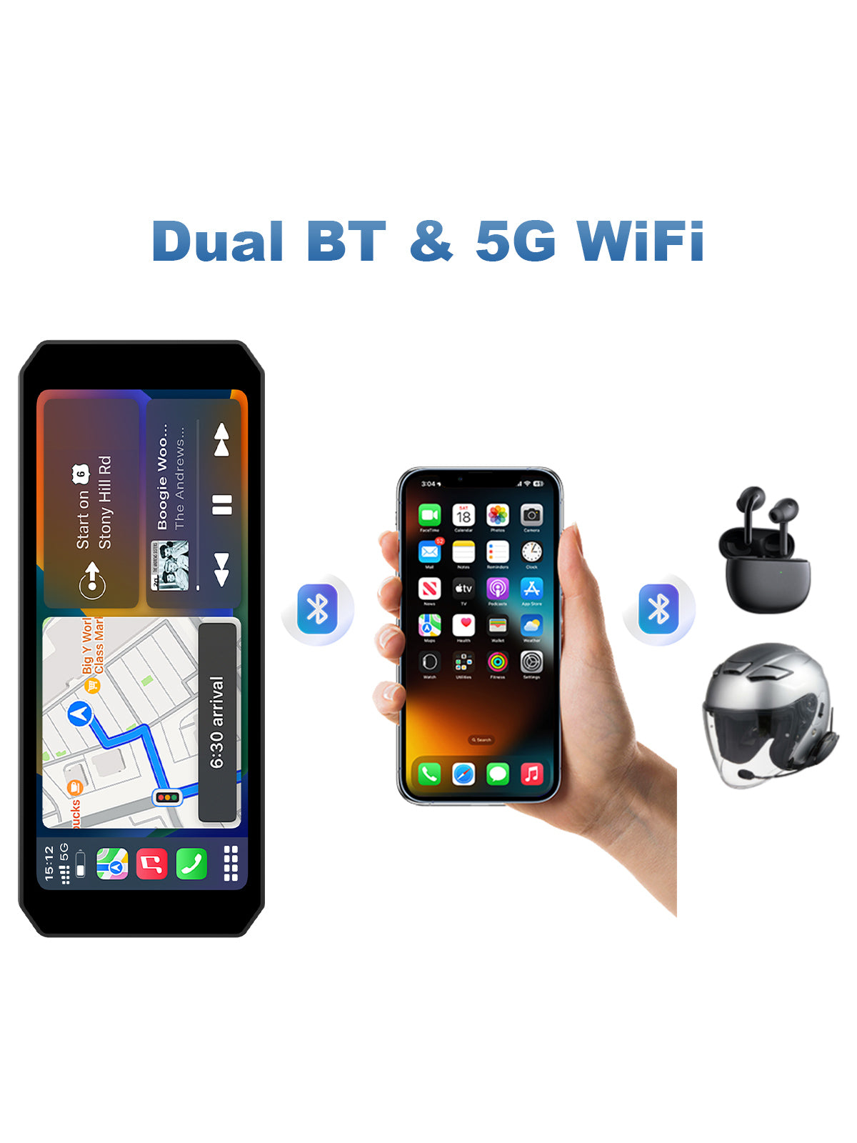 Linkifun MT7 motorcycle dash cam with dual Bluetooth and 5G WiFi for seamless CarPlay and Android Auto connectivity, hands-free audio, and automatic pairing
