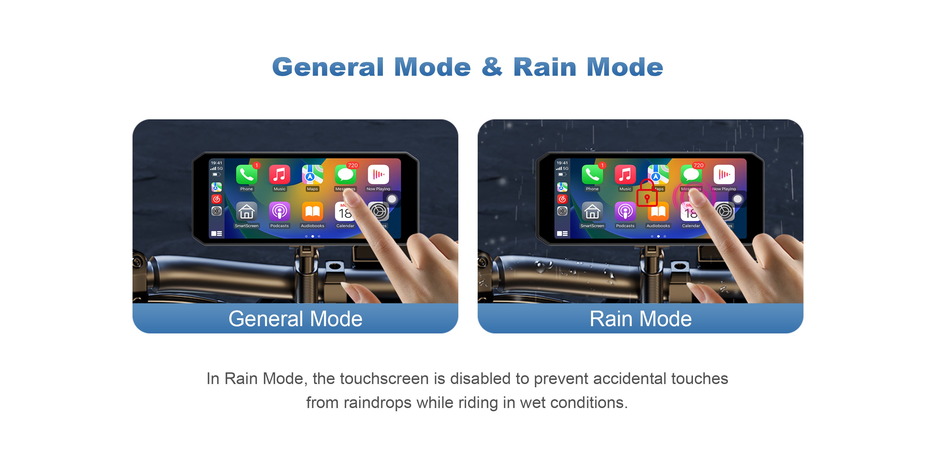 Linkifun MT7C motorcycle dash cam with General Mode and Rain Mode, disabling touchscreen in wet conditions to prevent accidental touches from raindrops
