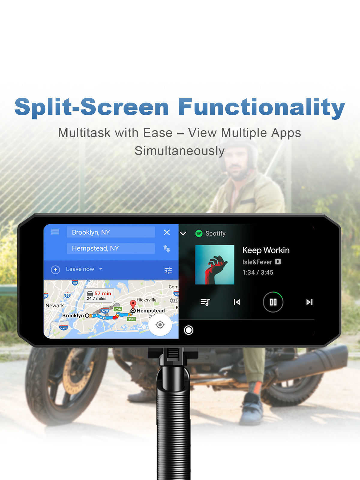 Linkifun MT7C motorcycle dash cam with split-screen mode for simultaneous navigation and music control on 6.86-inch display