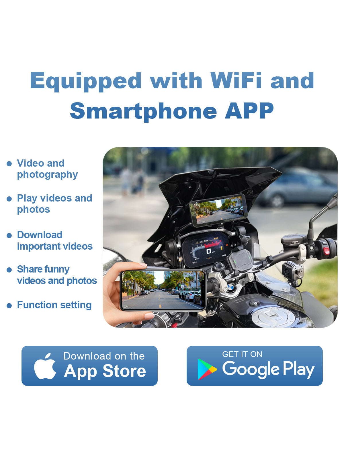 Linkifun MT7C motorcycle dash cam WiFi app support for recording, viewing, and downloading ride videos and photos directly to smartphone