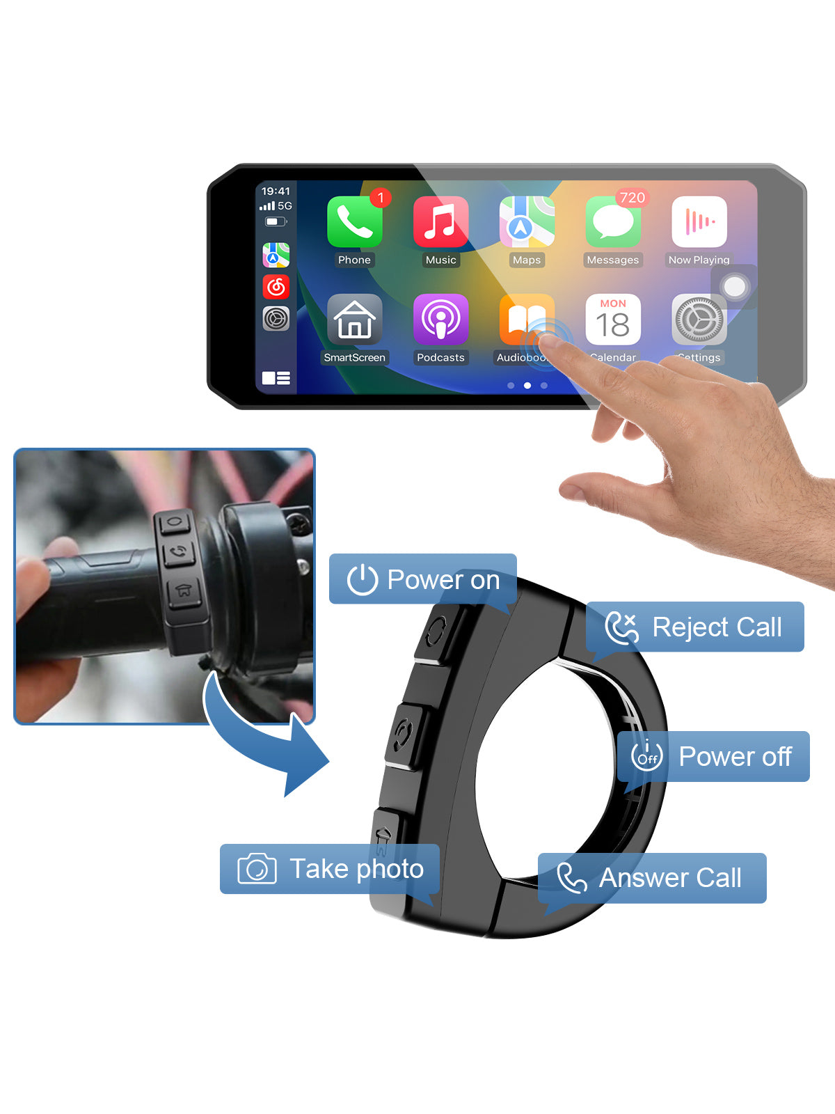 Linkifun MT7C motorcycle dash cam with wired remote control for safe handlebar operation, allowing riders to switch cameras, take photos, manage calls, and toggle display without removing gloves