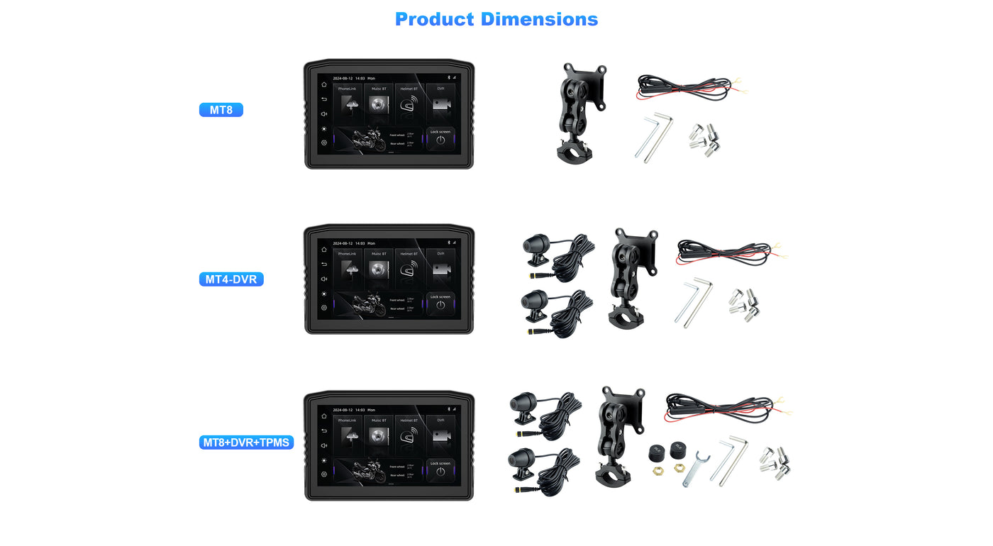 Product size and packaging contents for MT8 motorcycle screen – desktop layout