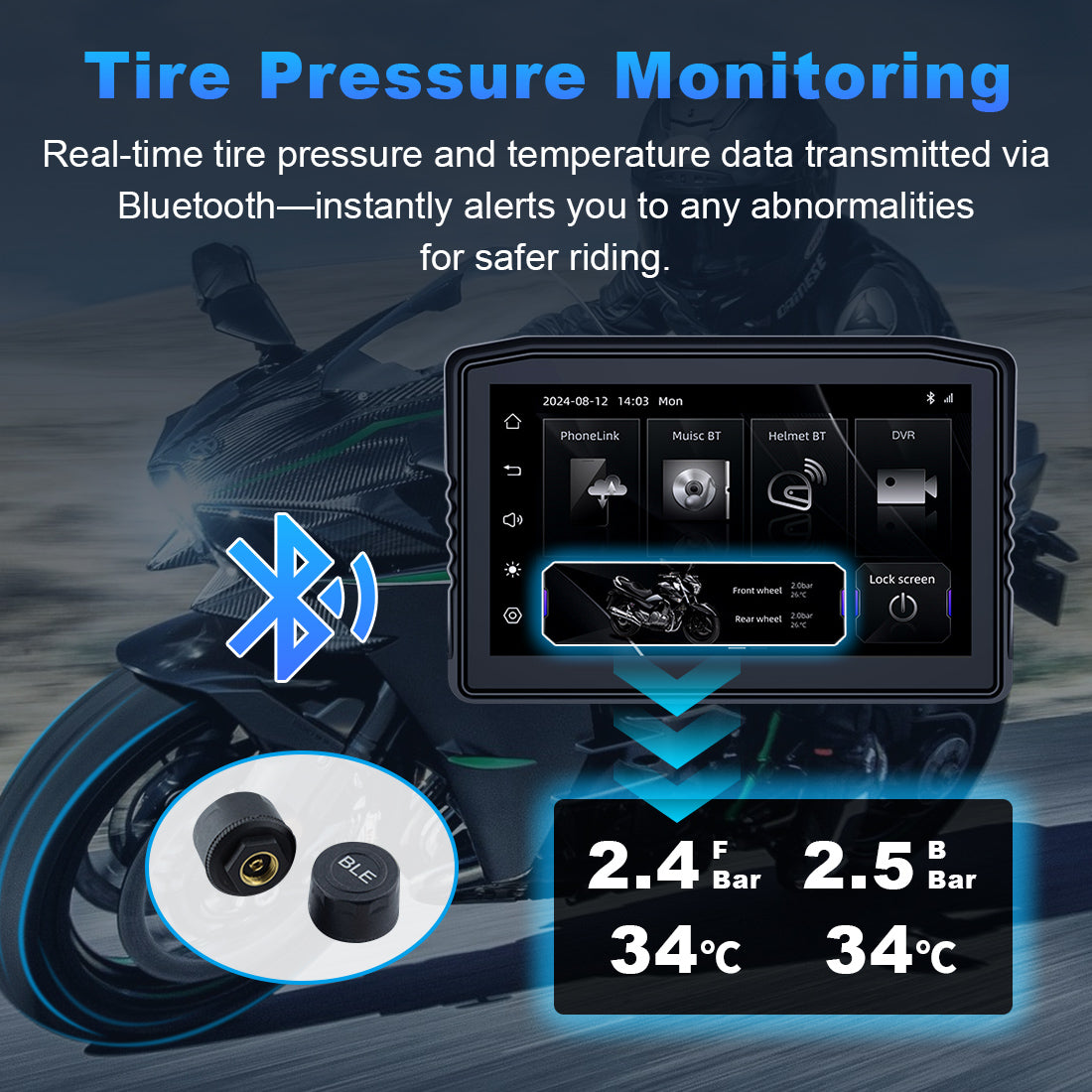 Bluetooth tire pressure monitoring system displaying real-time tire data on motorcycle screen