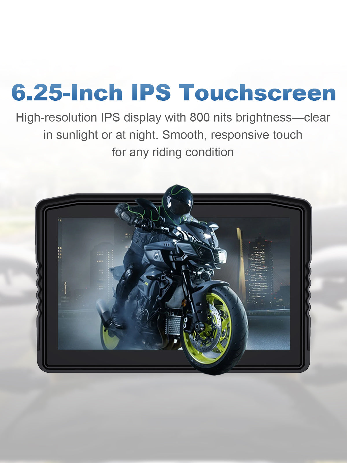 Linkifun MT8 motorcycle navigation screen with 6.25-inch IPS touchscreen, 800 nits brightness for daylight visibility, sharp high-resolution display, and smooth touch control