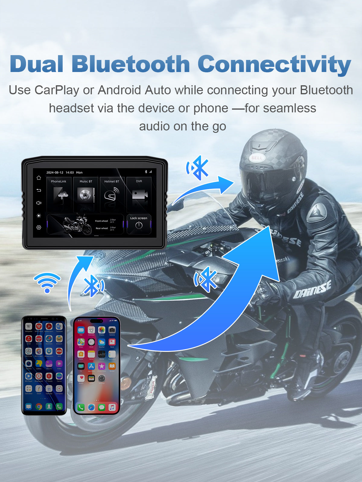 Linkifun MT8 motorcycle navigation screen with built-in dual Bluetooth for seamless connectivity to smartphone and helmet headset, enabling calls, navigation prompts, and music playback