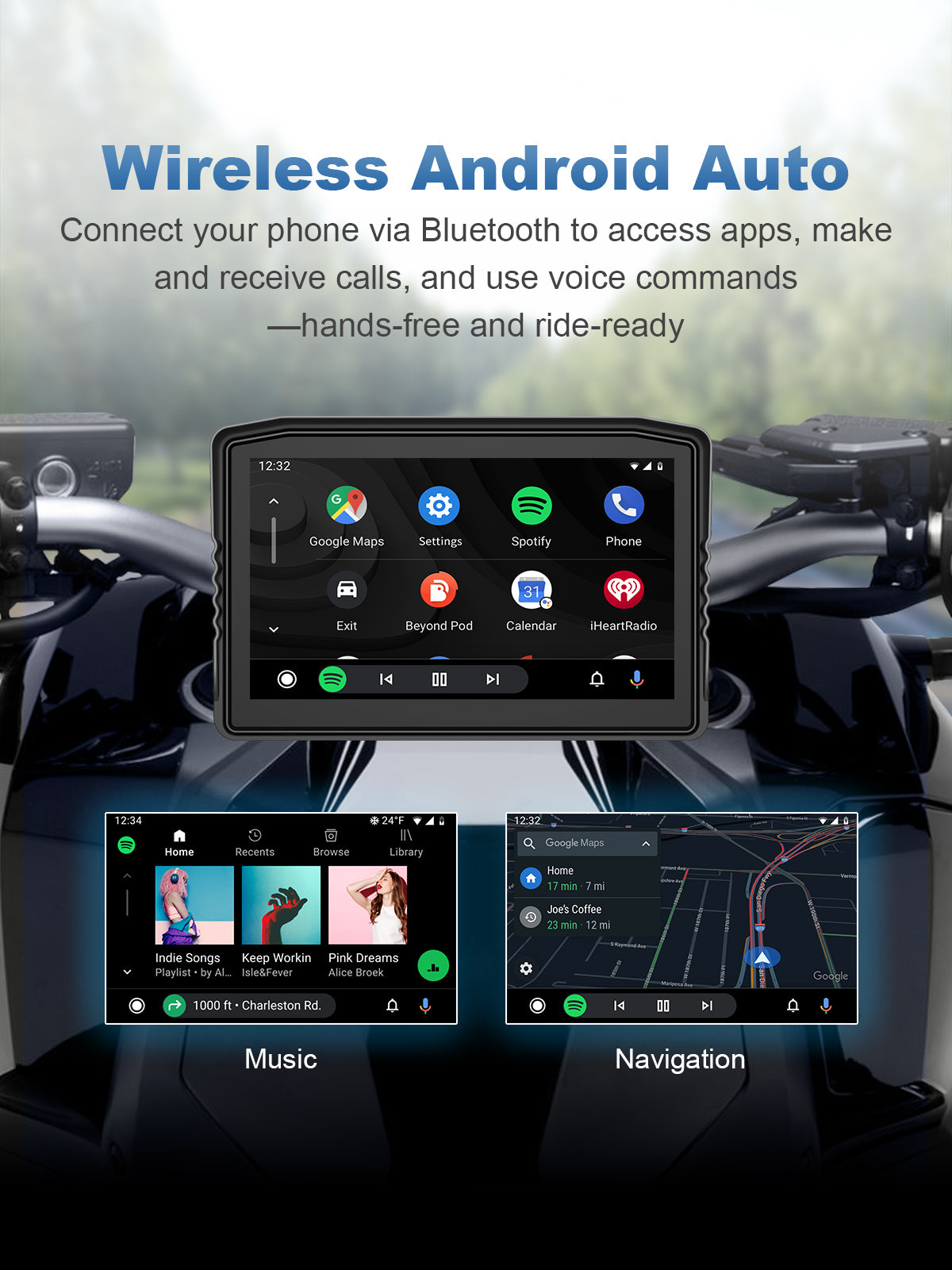 Linkifun MT8 motorcycle navigation screen with wireless Android Auto for Android users, enabling Google Maps, Google Assistant, music apps, and hands-free calls