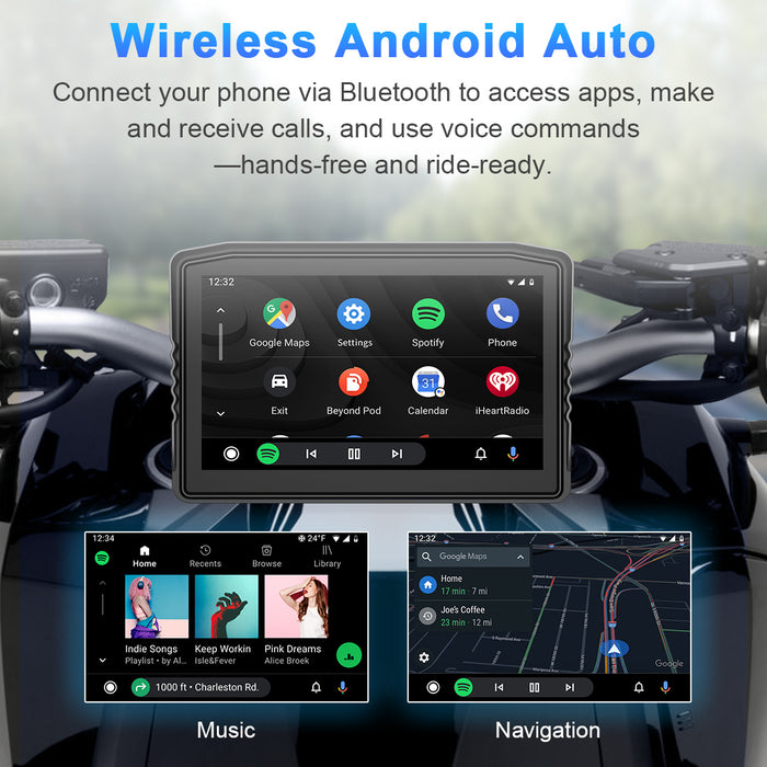 MT8 motorcycle navigation screen with wireless Android Auto for Google Maps and music streaming