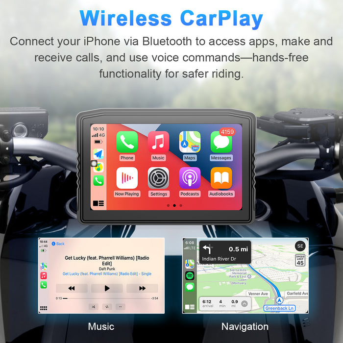 Wireless Apple CarPlay on MT8 motorcycle screen with voice control and navigation for iPhone users