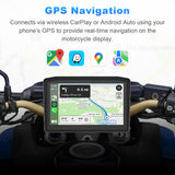 Motorcycle GPS screen showing real-time navigation via wireless CarPlay and Android Auto connection for hands-free riding