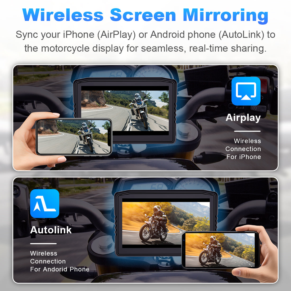 MT8 motorcycle display showing wireless screen mirroring with AirPlay and AutoLink for GPS and video streaming