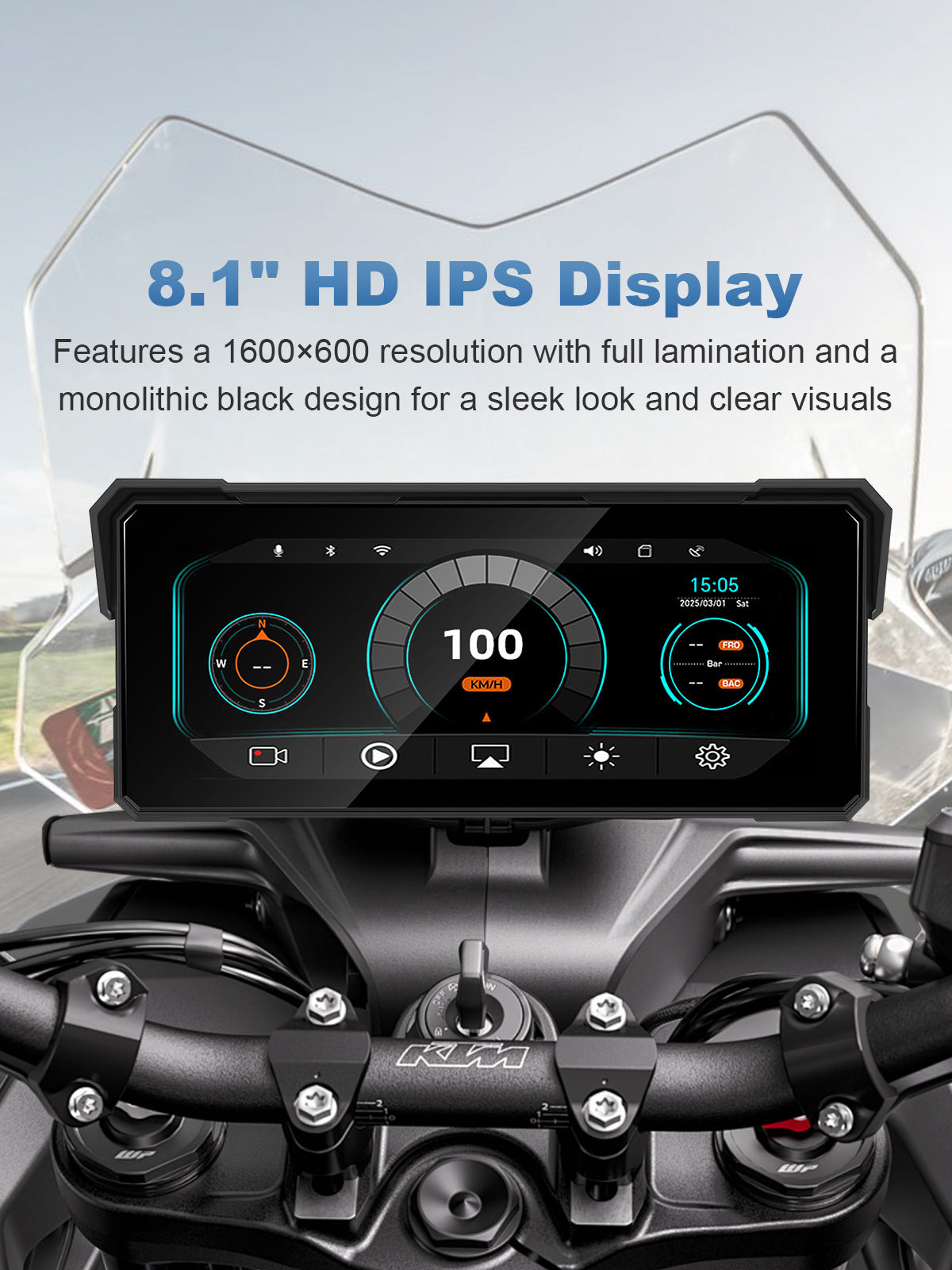 Motorcycle display with 8.1-inch IPS touchscreen, offering clear visuals and glove-friendly touch control for riding use.