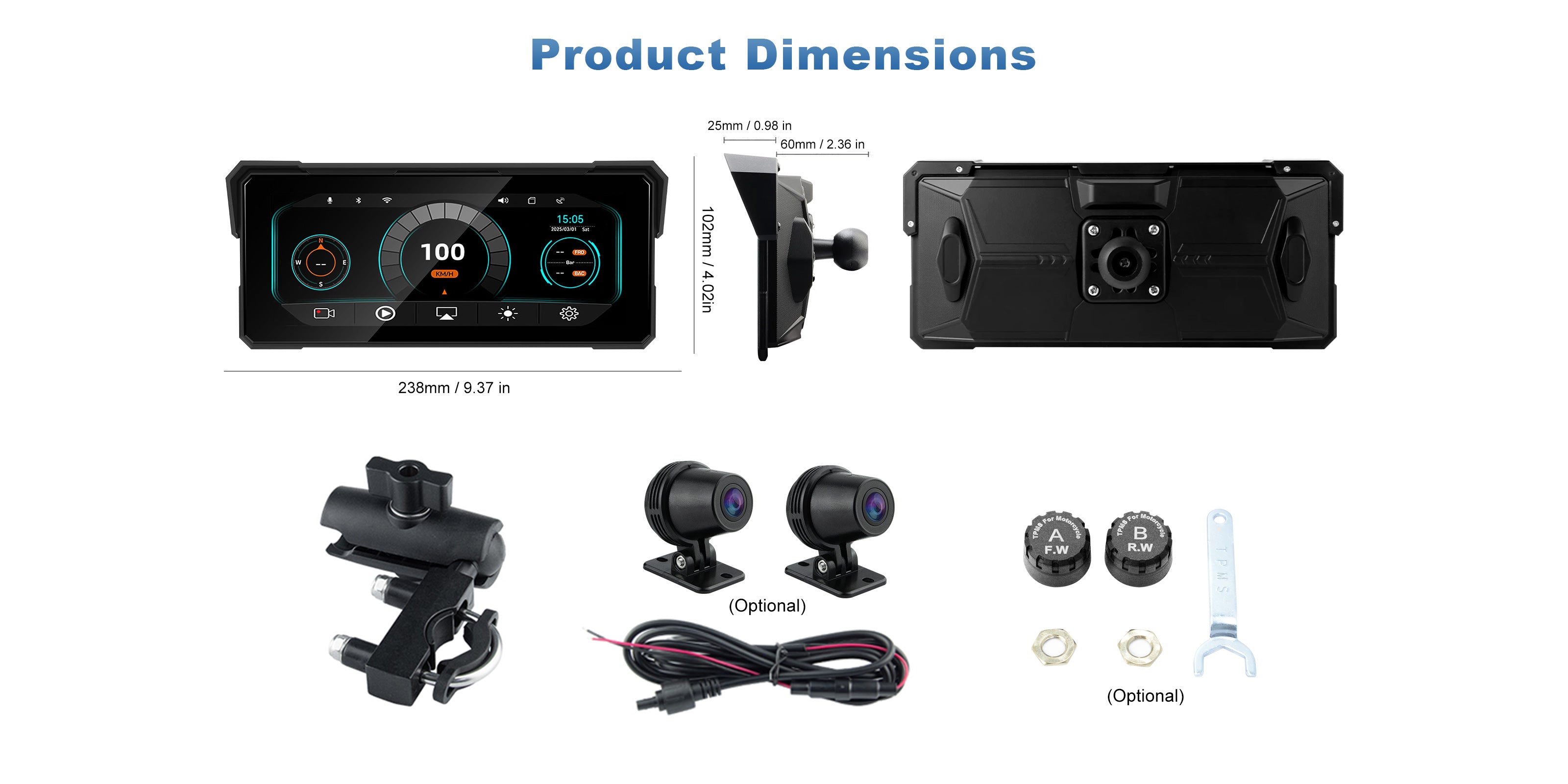 MT81 motorcycle navigation display dimension diagram showing screen size and mounting measurements for installation reference.