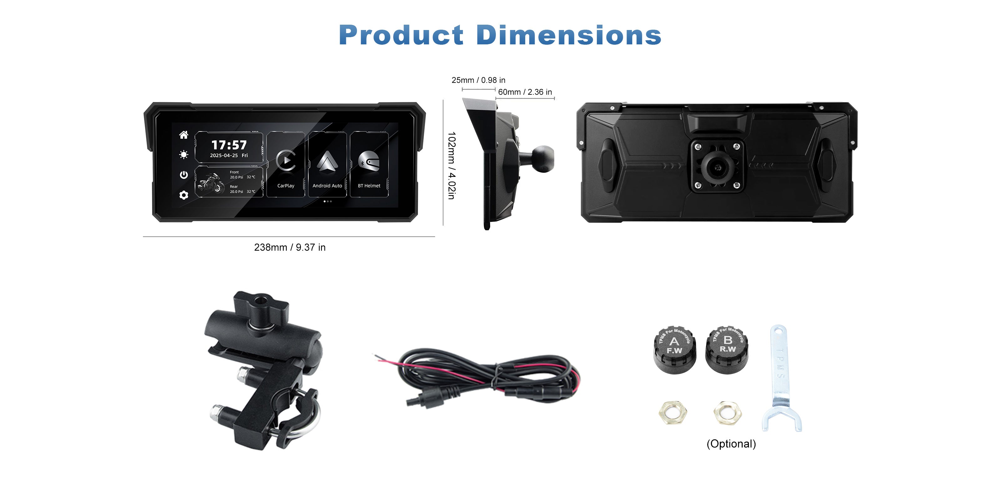 MT81 motorcycle navigation display dimension diagram showing screen size and mounting measurements for installation reference.