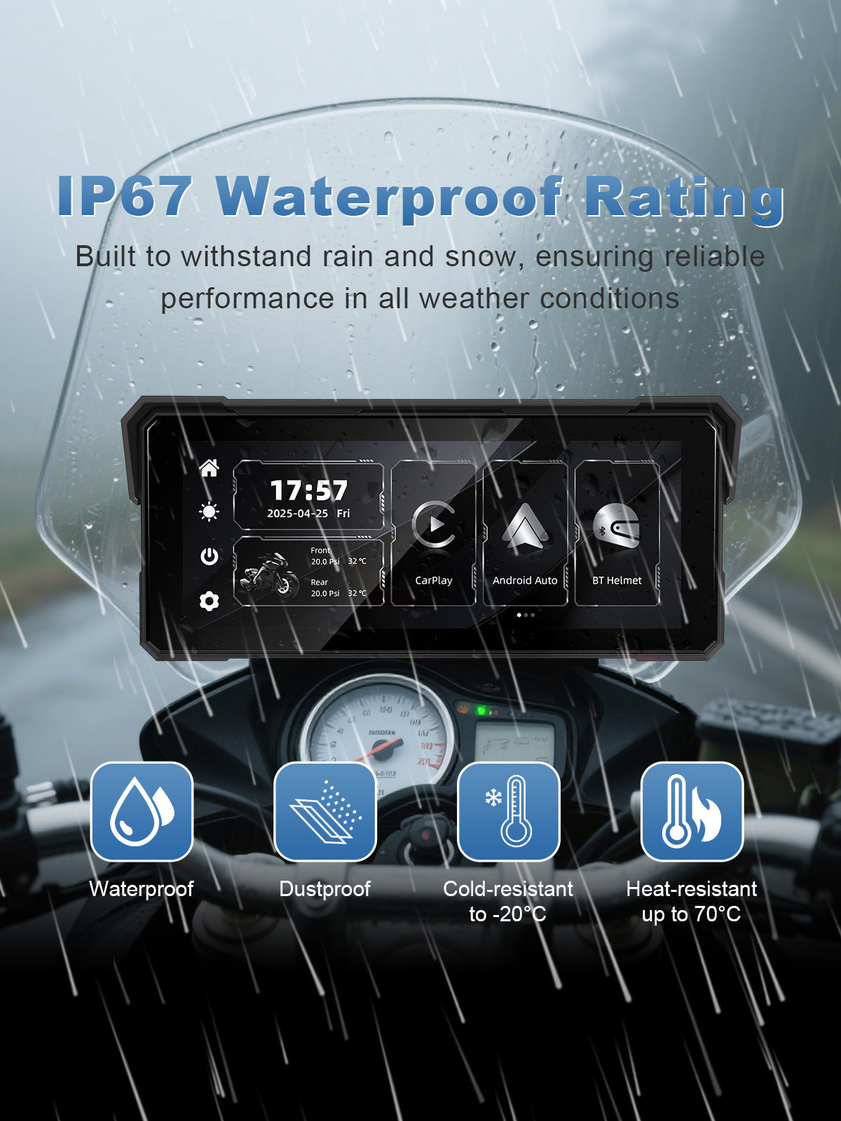 Motorcycle display with IP67 waterproof design for reliable use in rain, dust, and everyday riding conditions.