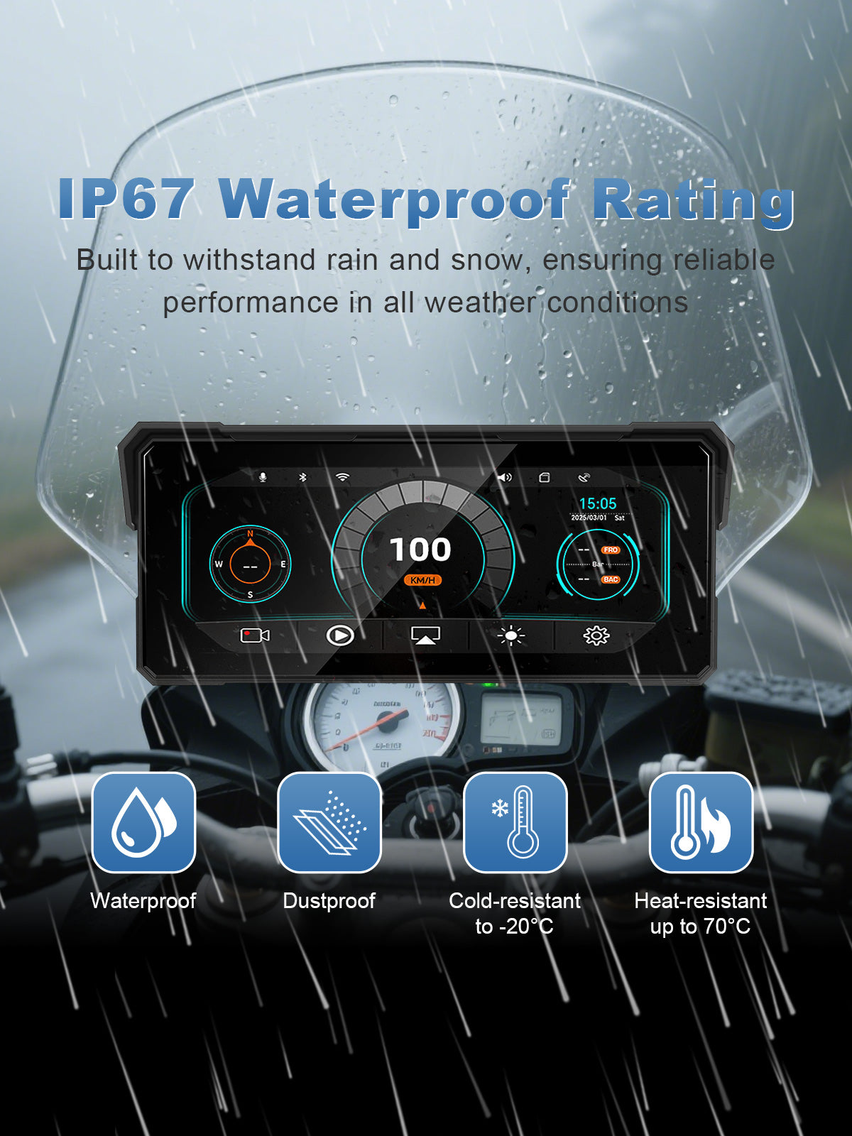 Motorcycle display with IP67 waterproof design for reliable use in rain, dust, and everyday riding conditions.
