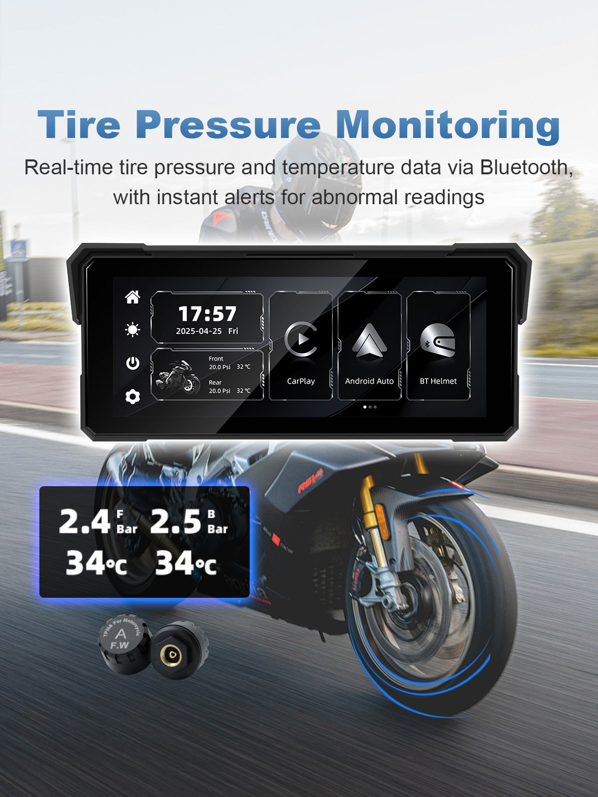 Motorcycle display supporting optional Bluetooth TPMS for real-time tire pressure and temperature monitoring with alert notifications.