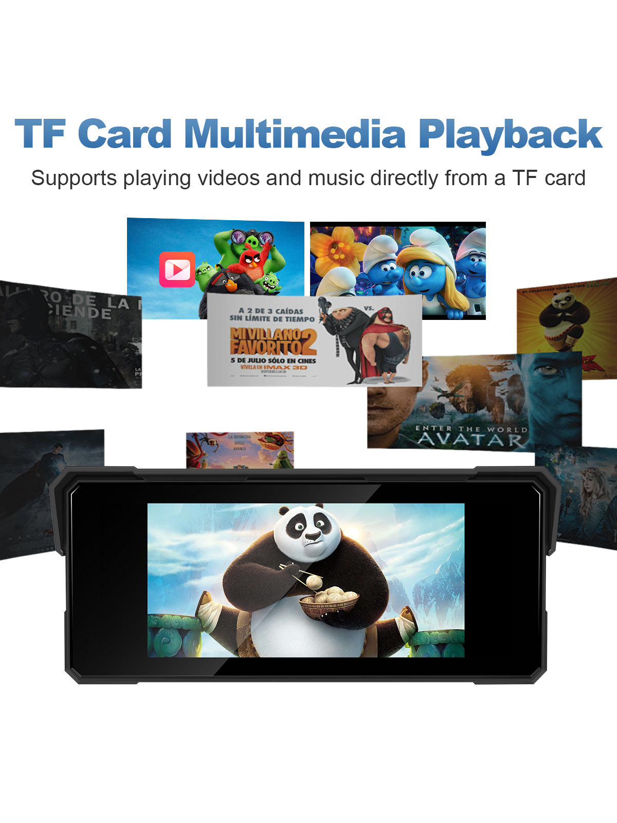 Motorcycle display supporting TF card multimedia playback for offline music and video use without a smartphone connection.