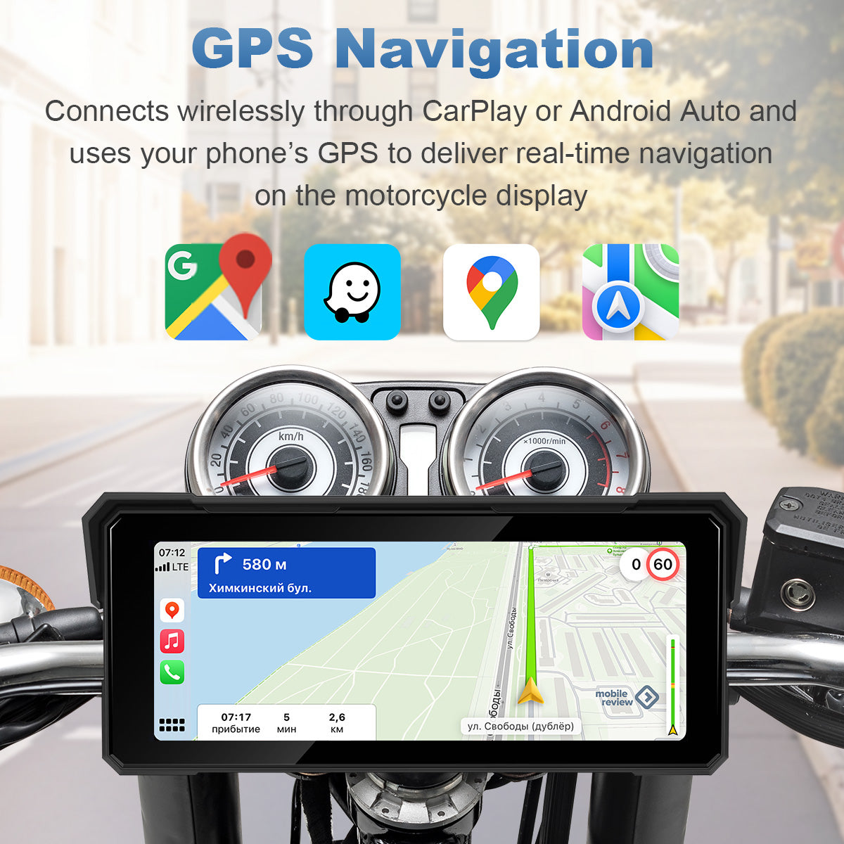 Motorcycle display showing wireless GPS navigation projection via CarPlay and Android Auto for hands-free route guidance.