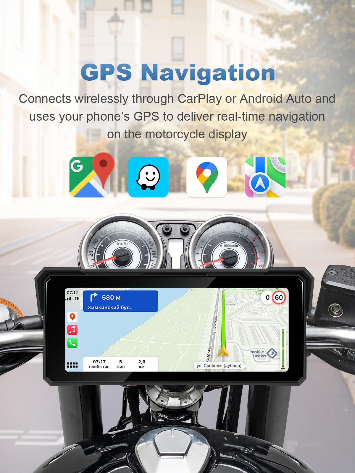 Motorcycle display showing wireless GPS navigation projection via CarPlay and Android Auto for hands-free route guidance.