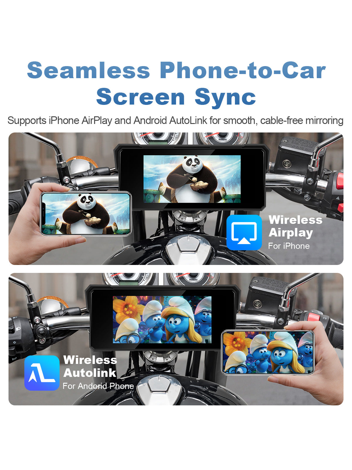 Motorcycle display supporting wireless screen mirroring via AirPlay and AutoLink for navigation apps and phone content.