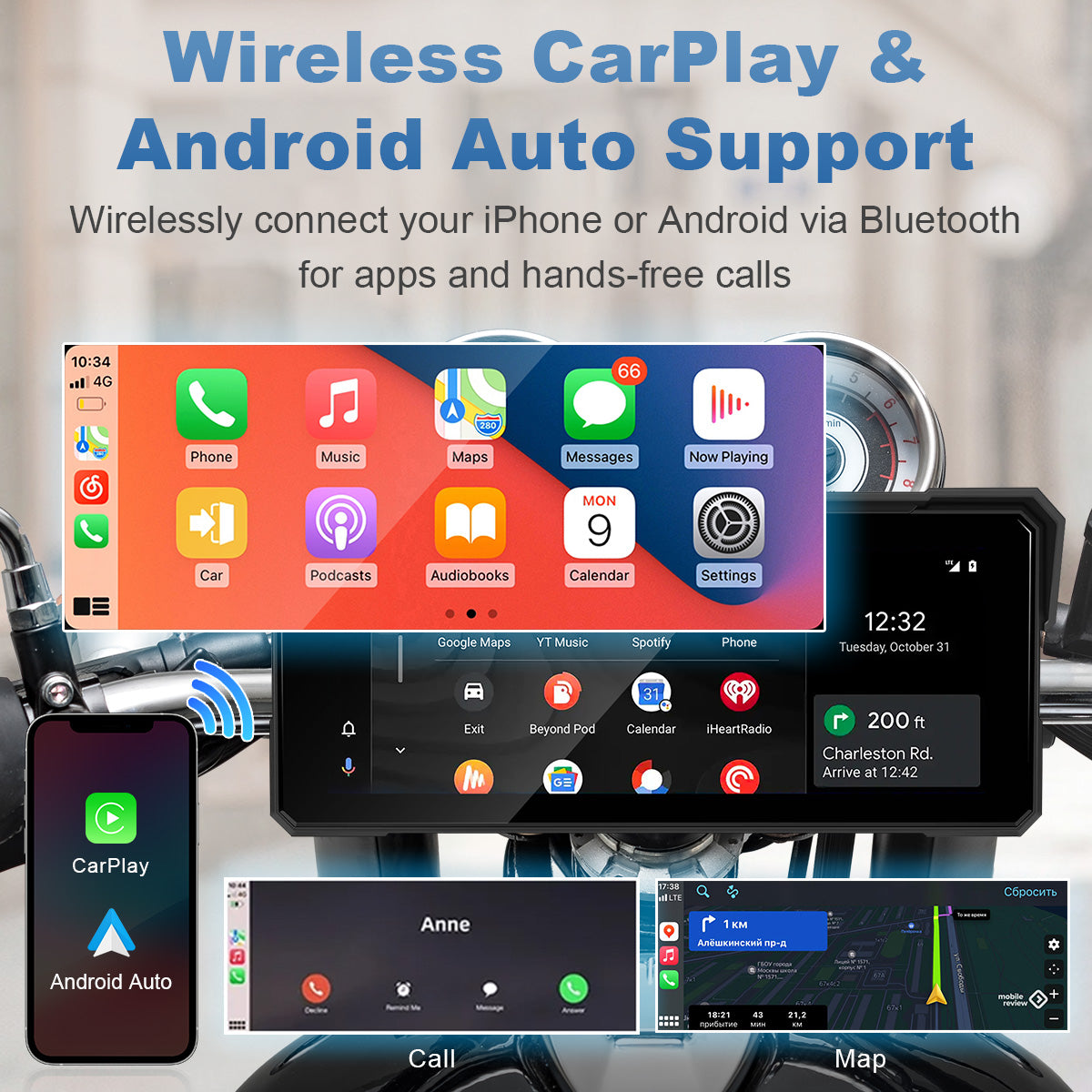 Linkifun™ MT81 8.1" Motorcycle CarPlay Navigation Screen with Wireless Android Auto, Screen Mirroring, Optional TPMS & DVR
