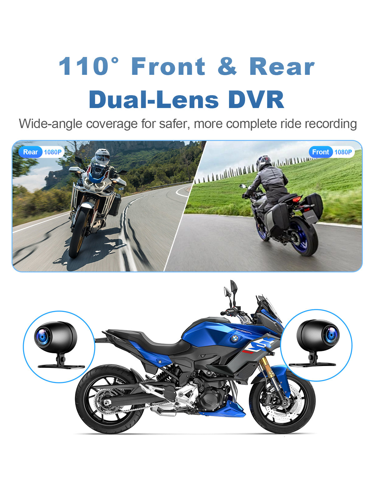 Linkifun MT9 motorcycle navigation display with front and rear 1080P DVR recording and 110-degree wide-angle coverage for safer riding and scenic route capture