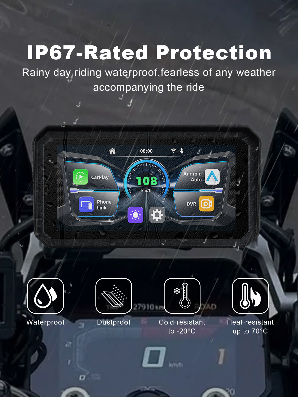Linkifun MT9 motorcycle navigation display with IP67 waterproof and dustproof protection for reliable all-weather riding in rain, mud, and dusty conditions
