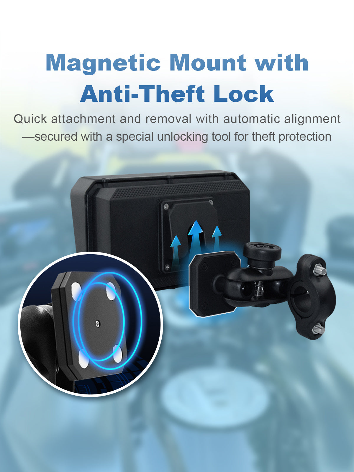 Linkifun MT9 motorcycle navigation display with magnetic mount for quick attachment and secure anti-theft locking system with specialized release tool