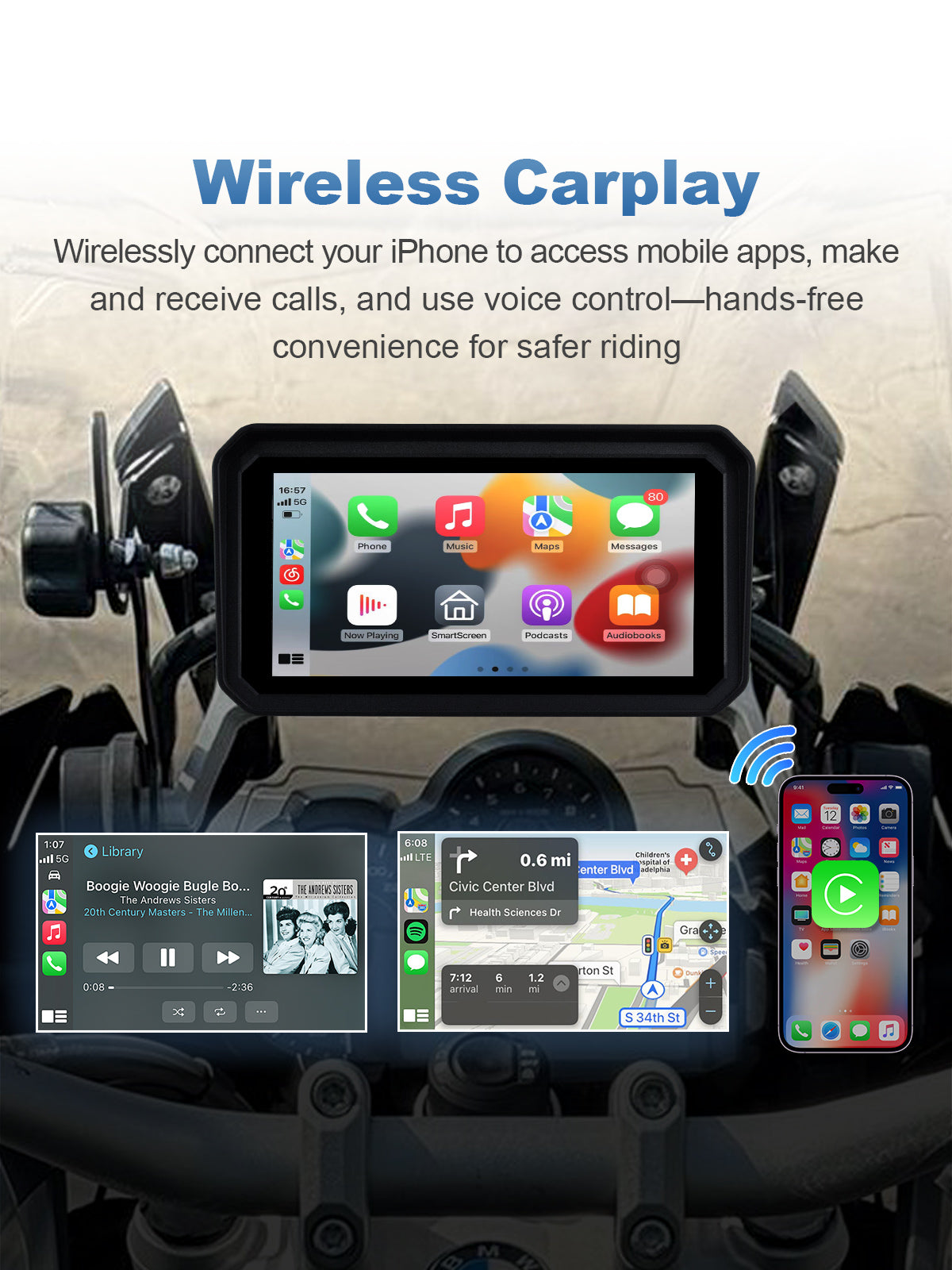Linkifun MT9 motorcycle navigation display with wireless Apple CarPlay for iPhone riders, supporting Apple Maps, Siri voice control, music, and calls
