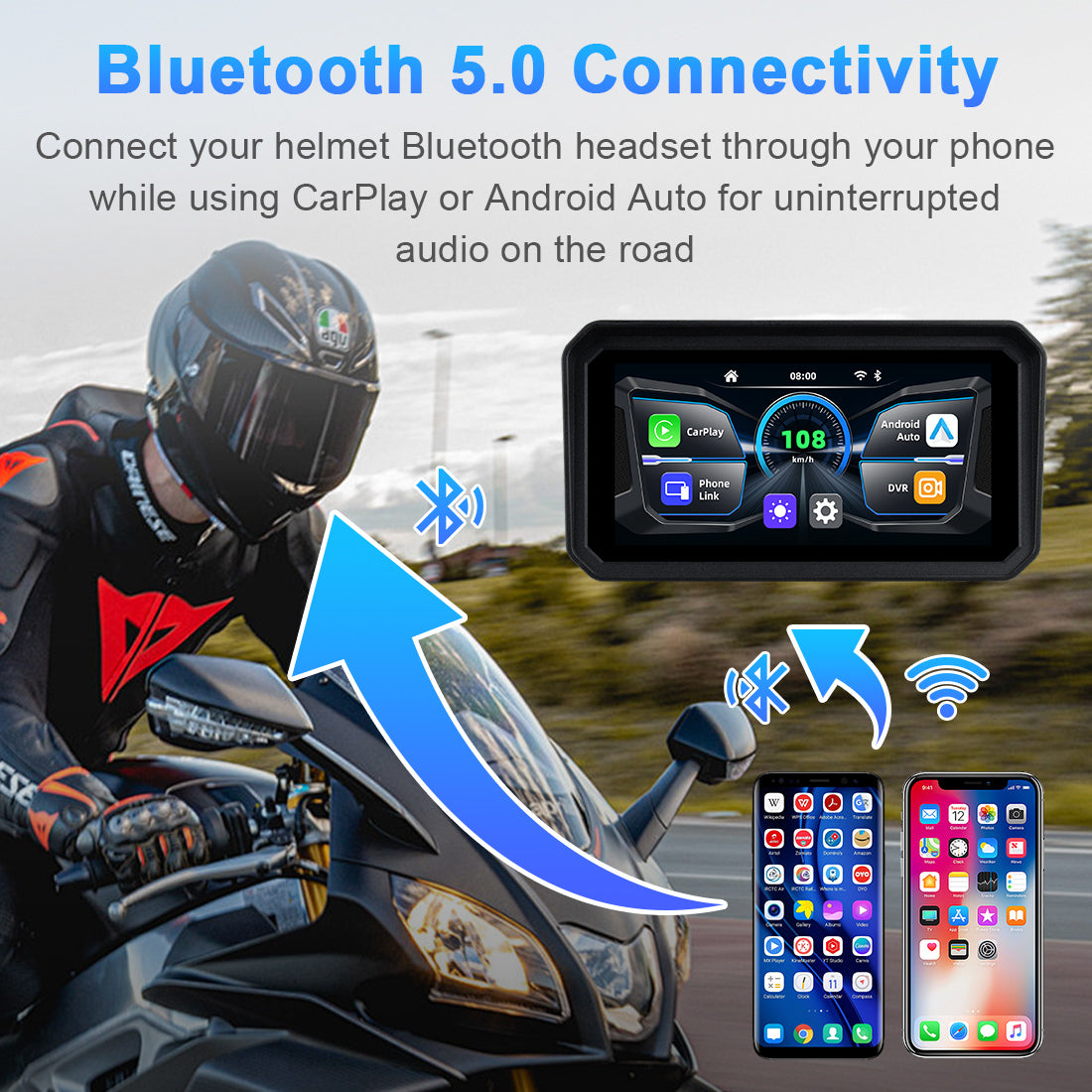 Motorcycle display with Bluetooth 5.0 for helmet headset integration, enabling hands-free calls, music playback, and navigation audio via smartphone