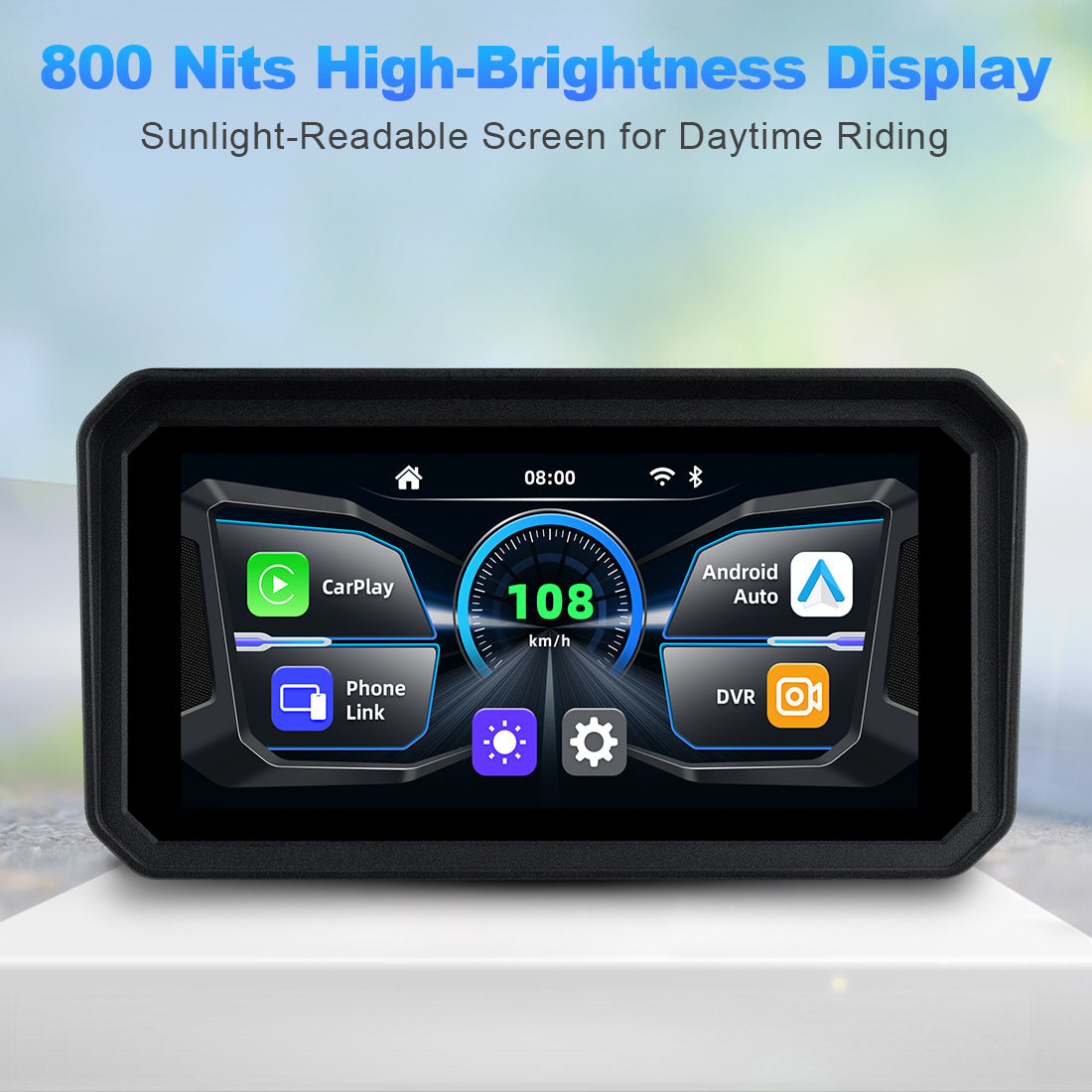 Motorcycle navigation screen with 800 nits high-brightness display for clear visibility in direct sunlight and outdoor daytime use