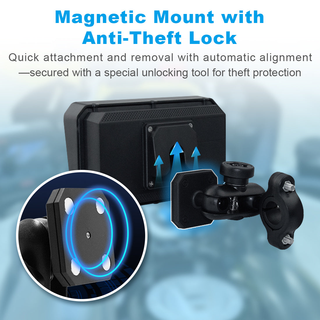 Motorcycle navigation display with magnetic mount and anti-theft lock for quick attachment and secure screen removal protection