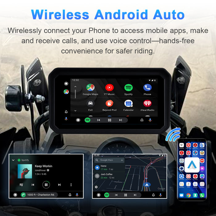 Motorcycle navigation screen with wireless Android Auto for Android users, supporting Google Maps, music, and voice assistant