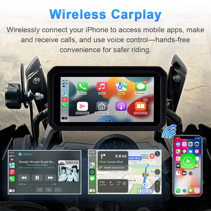 Motorcycle navigation screen with wireless Apple CarPlay support for iPhone users, enabling GPS, music, and Siri control