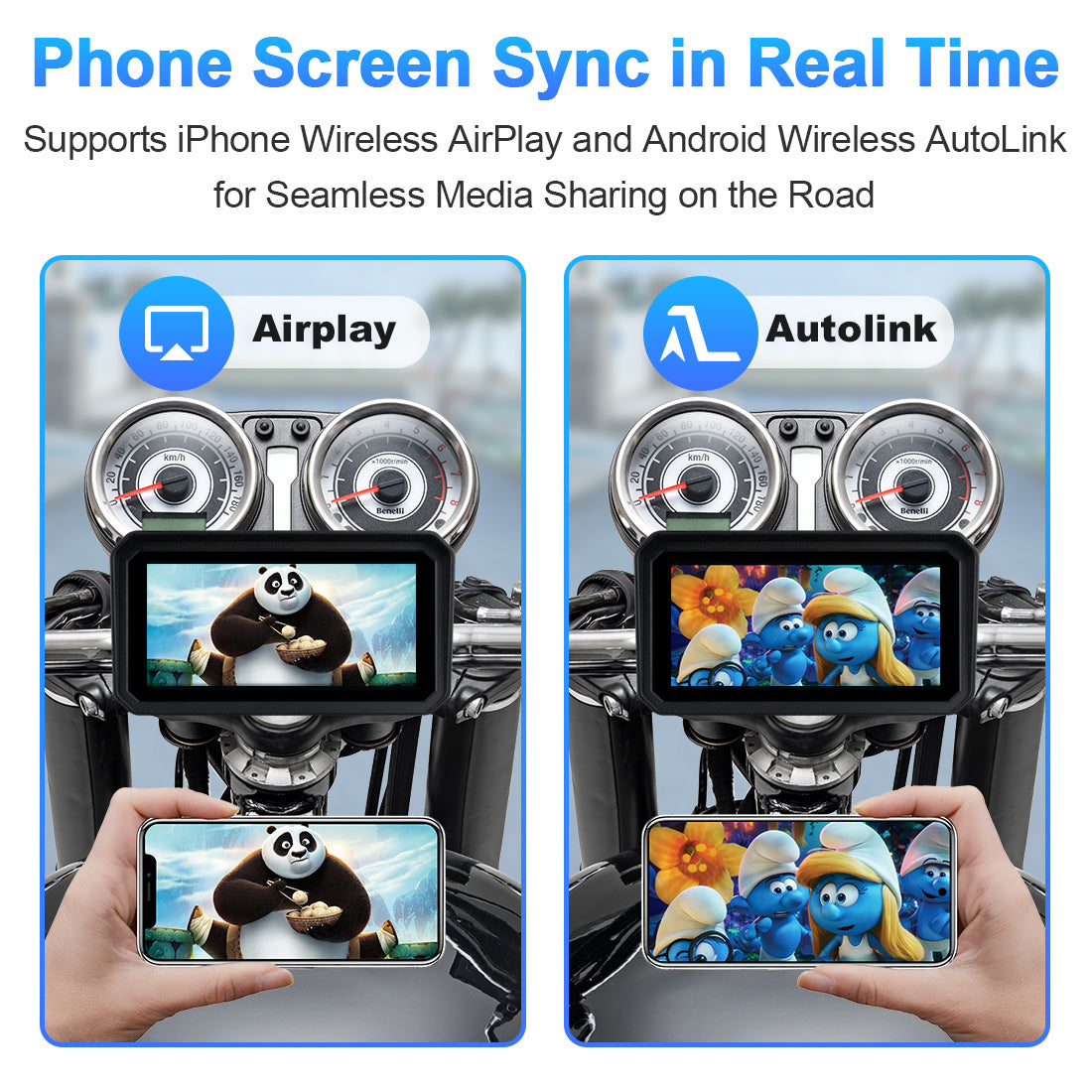 Motorcycle display screen with wireless screen mirroring via AirPlay and AutoLink for GPS apps, YouTube streaming, and ride data display